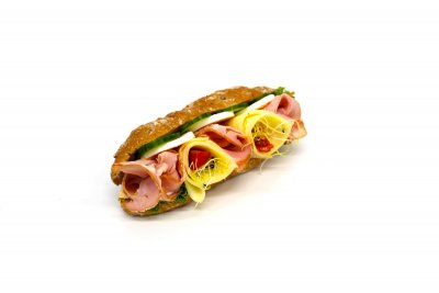 Obložený selský rohlík - šunka od kosti, gouda, vejce, vajíčková pomazánka, čerstvá zelenina  1,3,10